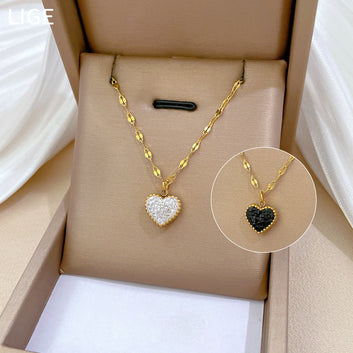 Black & White Diamond Heart Double Side Gold - Necklace