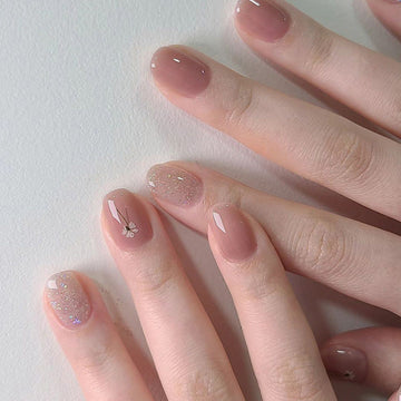 Glitter Pink & Flower - Press On Nail Set Of 24 - Free 24 Pcs Sticker Sheet Included