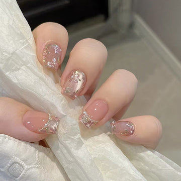 Peach Flower - Press On Nail Set Of 24 - Free 24 Pcs Sticker Sheet Included