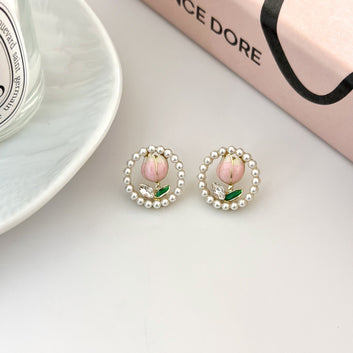 Pearl Round & Pink Tulip Flower - Earring