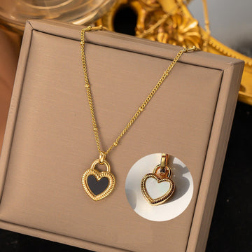 Double Side Black & White Heart Gold - Necklace