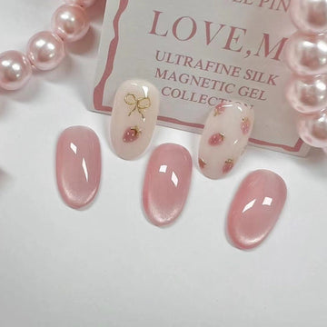 Bow & Strawberry Pink Shiny - Press On Nail Set Of 24 - Free 24 Pcs Sticker Sheet Included
