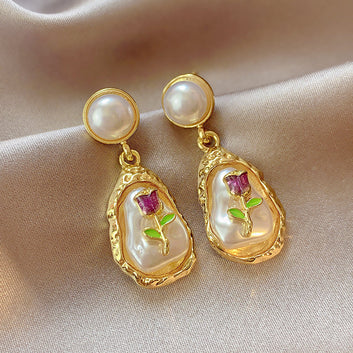 Luxury Pearly Oil Painting Monet Garden Gold - Earring