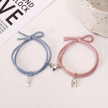 Blue & Pink Lock & Key Magnetic Heart - Bracelet Set