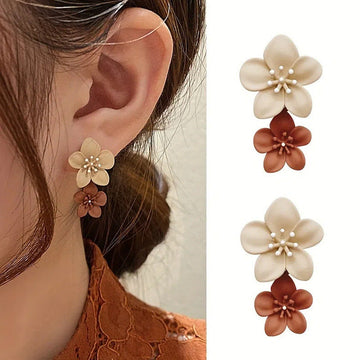 Double Flower Beige & Brown - Earring