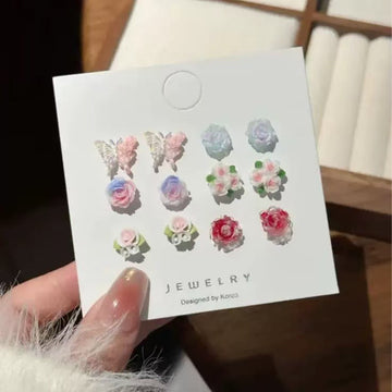 Pastel Color Flower & Butterfly - Ear Studs Set Of 6