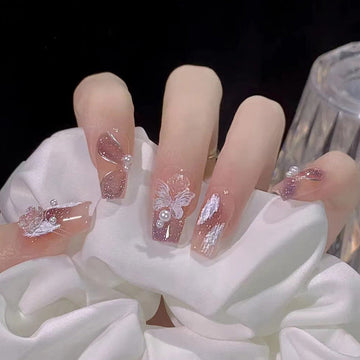 Pearl & Dream Butterfly - Press On Nail Set Of 24 - Free 24 Pcs Sticker Sheet Included