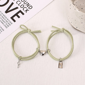 Green Lock & Key Magnetic Heart - Bracelet Set
