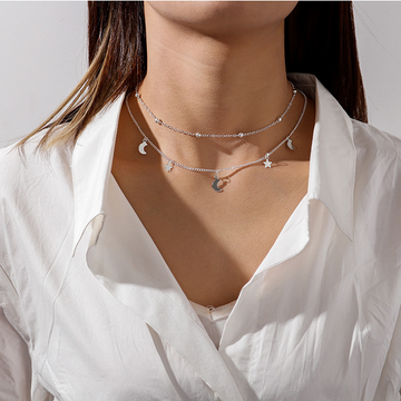 Silver Moon & Star Double Layer - Necklace