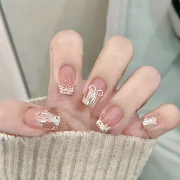 Bow & Shiny Pink - Press On Nail Set Of 24 - Free 24 Pcs Sticker Sheet Included