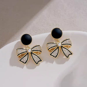 Bow Sparkle Diamond Black & Gold - Earring