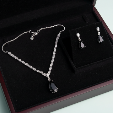 Black Natural Stone Square Diamonds Silver - Jewelry Set Of 2