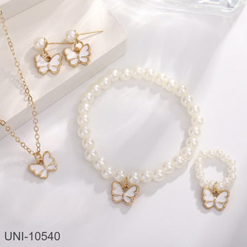 White Butterfly & Beaded Pearls - Jewelry Set