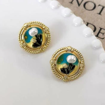 Luxury Pearly Flower Oil Painting Gold - Earring