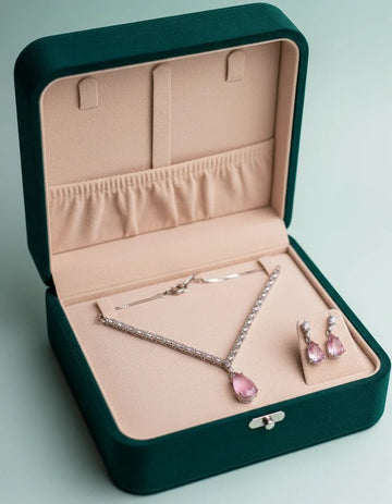 Matte Pink Natural Stone Square Diamonds Silver - Jewelry Set Of 2