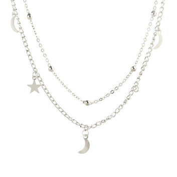 Silver Moon & Star Double Layer - Necklace