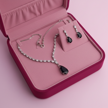 Black Natural Stone Rain Drop Diamonds Silver - Jewelry Set Of 2