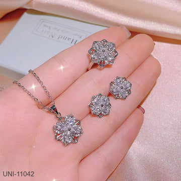 Sparkle Diamond Flower Silver - Jewelry Set