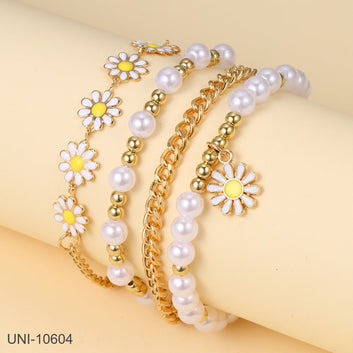 Daisy Flower & White Pearly - Bracelet Set of 4