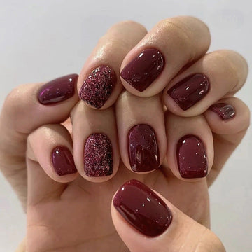Glittery Maroon - Press On Nail Set Of 24 - Free 24 Pcs Sticker Sheet Included