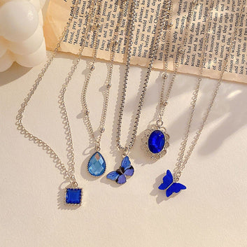 Navy Blue Gem & Butterfly - Necklace Set Of 5