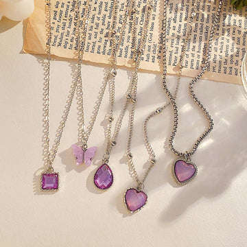 Purple Gem & Butterfly - Necklace Set Of 5